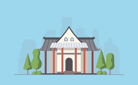 Buddhist temple exterior. Buddhism traditional religion temple building. Worship place. Vector illustration.のイラスト素材