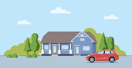 Living house with trees and bushes. Cottage with car  in the flat style. Real estate concept. Neighborhood with cityscape background. Vector illustration.のイラスト素材