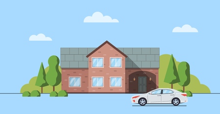 Living house with trees and bushes. Cottage with car  in the flat style. Real estate concept. Neighborhood with cityscape background. Vector illustration.のイラスト素材