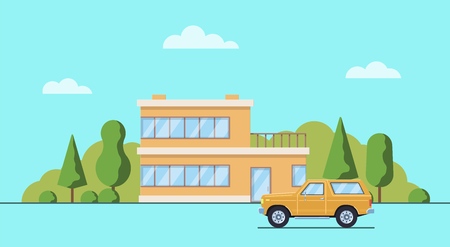 Living house with trees and bushes. Cottage with car  in the flat style. Real estate concept. Neighborhood with cityscape background. Vector illustration.のイラスト素材