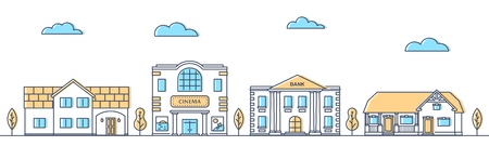Street with different houses. Cottages and public buildings in a row. Suburban road. Apartment buildings and trees. Vector illustration.のイラスト素材