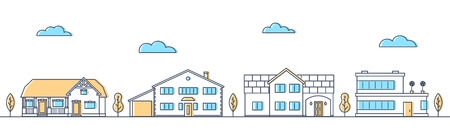 Street with different living houses. Cottages in a row. Suburban road. Apartment buildings and trees. Vector illustration.のイラスト素材