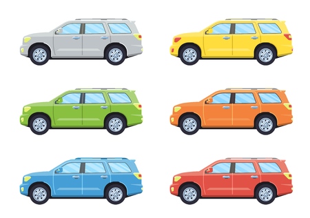 Off-road 4x4 suv car. Side view offroad car in different colors. Flat style. Vector illustration.のイラスト素材