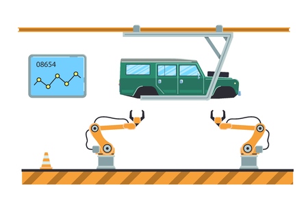 Thin line style car assembly line. Automatic auto production conveyor. Robotic car machinery industry concept. Vector illustration.のイラスト素材
