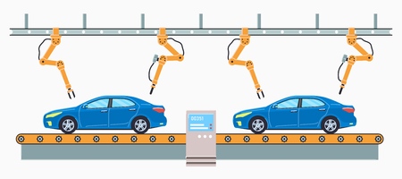 Thin line style car assembly line. Automatic auto production conveyor. Robotic car machinery industry concept. Vector illustration.のイラスト素材