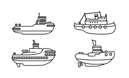 Set of tugboats. Collection of towboat ships in flat style. Vector illustration.のイラスト素材