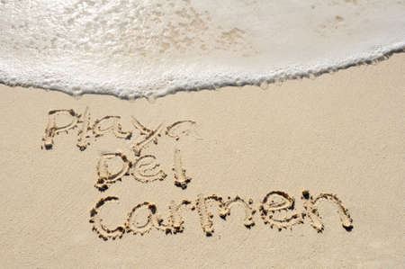 Mexico City Playa Del Carmen Written in Sand on Beachの写真素材