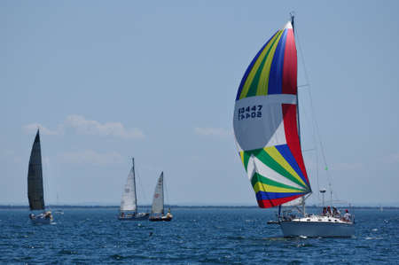 BAYFIELD, WI - July 4: Sailboat Sailing in Annual Bayfield Race Week Competition on Lake Superior on July 4, 2011 near Bayfield, Wisconsinのeditorial素材