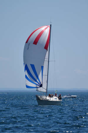 BAYFIELD, WI - July 4: Sailboat Sailing in Annual Bayfield Race Week Competition on Lake Superior on July 4, 2011 near Bayfield, Wisconsinのeditorial素材