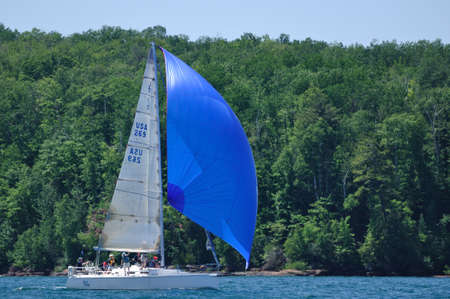 BAYFIELD, WI - July 4: Sailboat Sailing in Annual Bayfield Race Week Competition on Lake Superior on July 4, 2011 near Bayfield, Wisconsinのeditorial素材