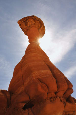 Paria Rimrocks Red Toadstool  Hoodoo  with Sunburst, Southern Utahの写真素材