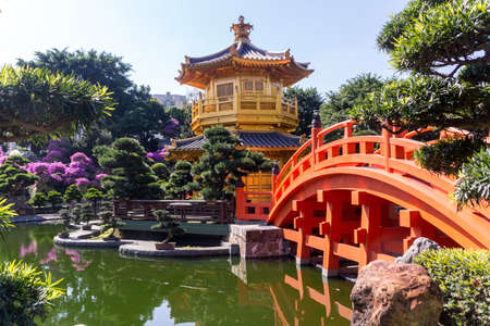 orange bridge and templeの写真素材