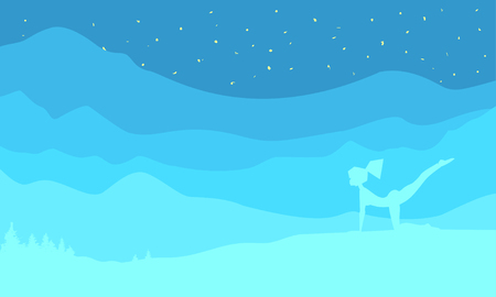 Woman is practicing yoga in nature, landscape background, beautiful view, stars sky mountains and forest, sunrise, banner, wallpaper. Vector illustration.のイラスト素材