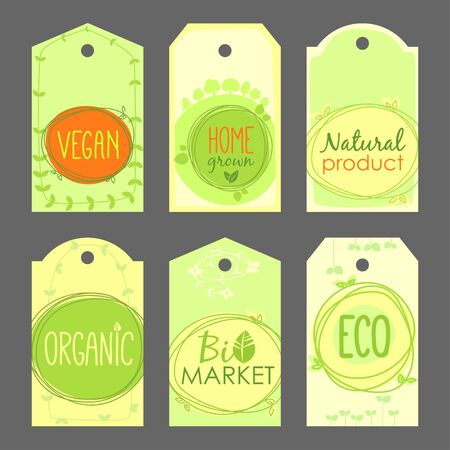 Vector bio, green shop, natural product, gluten free, home grown, vegan, health labels set. Hand drawn stickers and natural elements set.のイラスト素材