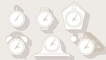 watch the silhouettes on the background with shadow. Alarm clock, stopwatch, table clocks, pocket watches, cuckoo clocks, wrist watchesのイラスト素材