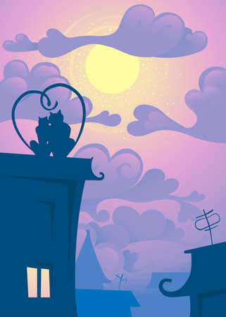 love the cats on the roof at night look at the moonのイラスト素材