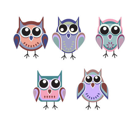 set of colored funny owlsのイラスト素材