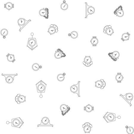 Textures of watch the silhouettes. Alarm clock, stopwatch, table clocks, pocket watches, cuckoo clocks, wrist watchesのイラスト素材