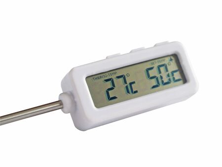 Electronic thermometer of the white colour with lcd display on white backgroundの写真素材