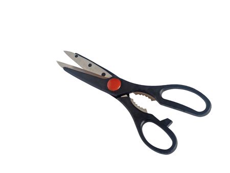 Kitchen scissors of the black colour on white background
