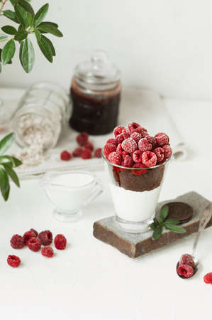 Fresh cold raspberries, layer of chocolate chips and white yogurt in glass on light table with...