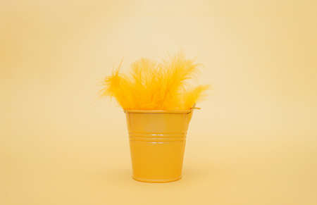 yellow metal miniature bucket filled with yellow feathers on a clean yellow smooth background. Monochrome yellowの写真素材