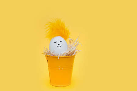 cute white Easter egg with a face drawn in black marker and yellow feathers hair in a paper nest...