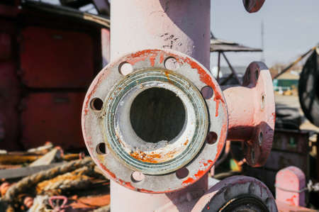 round red old rusty details of old fire shipの写真素材
