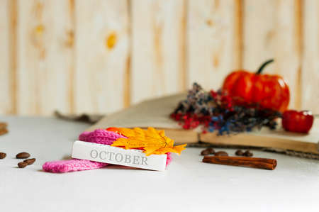 wooden cube with the inscription October in a cozy scarf with autumn leaves. old book, pumpkin and wildflowers on the background. autumn cozy pictureの写真素材
