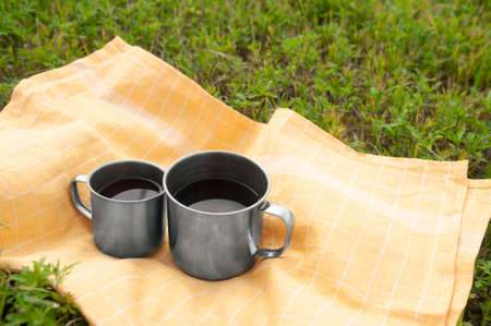 two aluminum cups of tea for picnics and hikes on an orange checked napkin on the green summer grassの写真素材