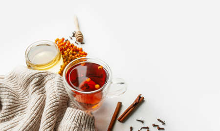 Vitamin tea with berries, honey, Rowan and sea buckthorn berries, cinnamon sticks and dry cloves on light table with knitted beige sweater. useful products for strengthening the immune systemの写真素材