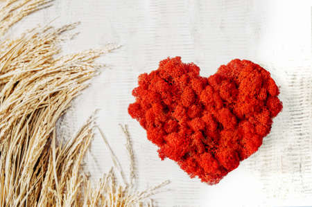 red lush heart of decorative real moss on light table with bouquet of dried flowers, eco-friendly gifts and decor, top view, selective focusの写真素材