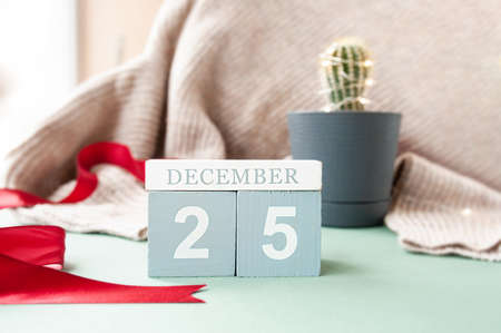 wooden calendar cubes with date December 25, red ribben on beige cozy sweater and small cute green cactus decorated with garland in pot. cozy simple desktop decor at Christmas time, selective focusの写真素材