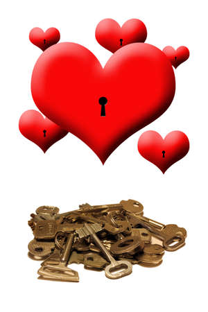 Hearts and heap of keys to them on a white backgroundの写真素材