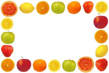 Frame from fruit and berries with a white backgroundの写真素材