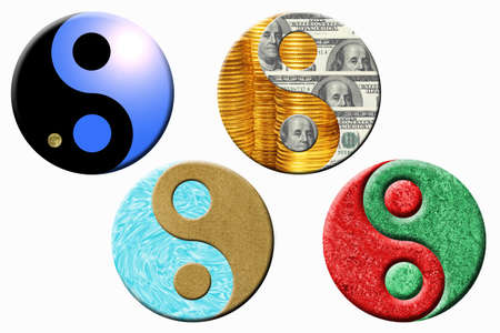 Four yin yang symbols on a white backgroundの写真素材