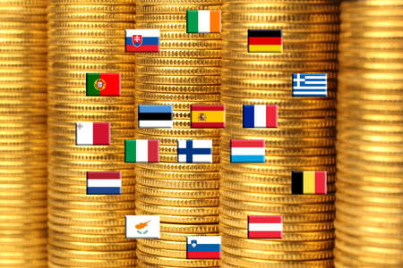 Flags of eurozone countries against piles of metal coinsの写真素材