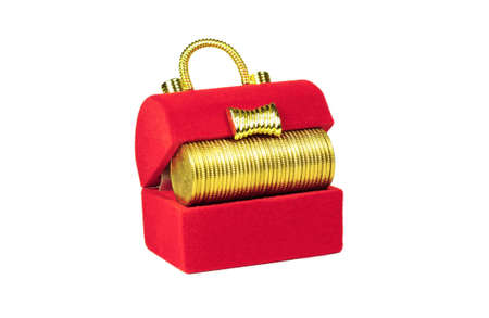 Red chest with yellow coins inside on a white backgroundの写真素材