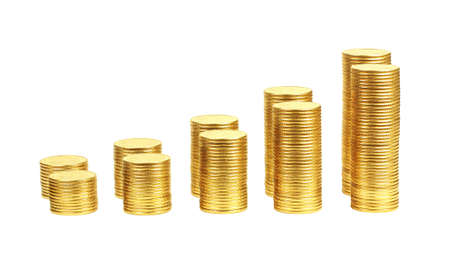 Two rows of yellow coins on a white background