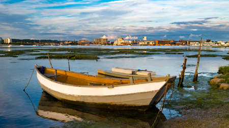 Derelict boats in the backwaters of Holes Bay, Poole Harbour at low tideの写真素材