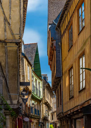Ancient buildings of Vannes with half-timbered houses and stone city walls.の写真素材