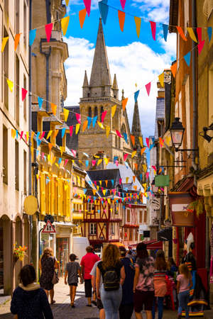 Ancient buildings of Vannes with half-timbered houses and stone city walls.の写真素材