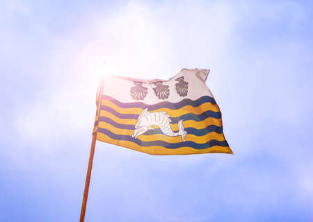 Poole's flag, based on a 14th century design, includes a dolphin and three scallopsの写真素材