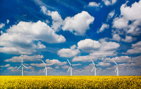 Five wind turbines in a field of oilseed rape under blue skies