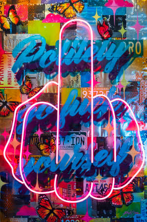 Miami, United States - July 29, 2019: Huge wall paintings adorn abandoned warehouses, stores and fences in the arts district of Wynwood Walls in Miamiのeditorial素材