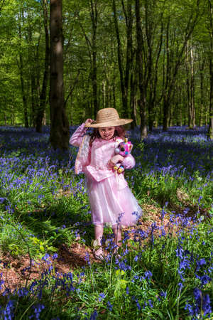 A young girl walks through woodland in Dorset carpeted with bluebells with sun shining through the beech and birch canopy of bright green leaves contrasting with the blue and purple of the bluebell flowersの写真素材