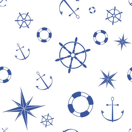 Seamless pattern with anchors stars compasses lifebuoys and wheels. Vector illustrationのイラスト素材