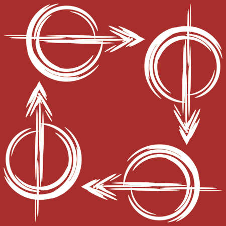 Set of white arrows drawn by brush on red background. Signs of the directions in a circle. Vector illustrationのイラスト素材