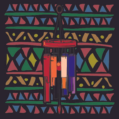 Color wind chimes on colorful ethnic pattern with an Indian ornamentのイラスト素材