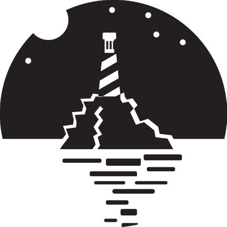 Round landscapes icon. Flat style illustration. Lighthouse in a oceanのイラスト素材